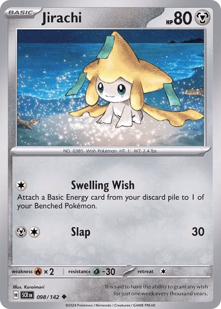 Jirachi Pokemon card (098/142, Stellar Crown)