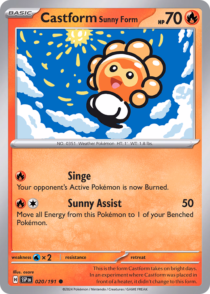 Castform Sunny Form Pokemon card (020/191, Surging Sparks)