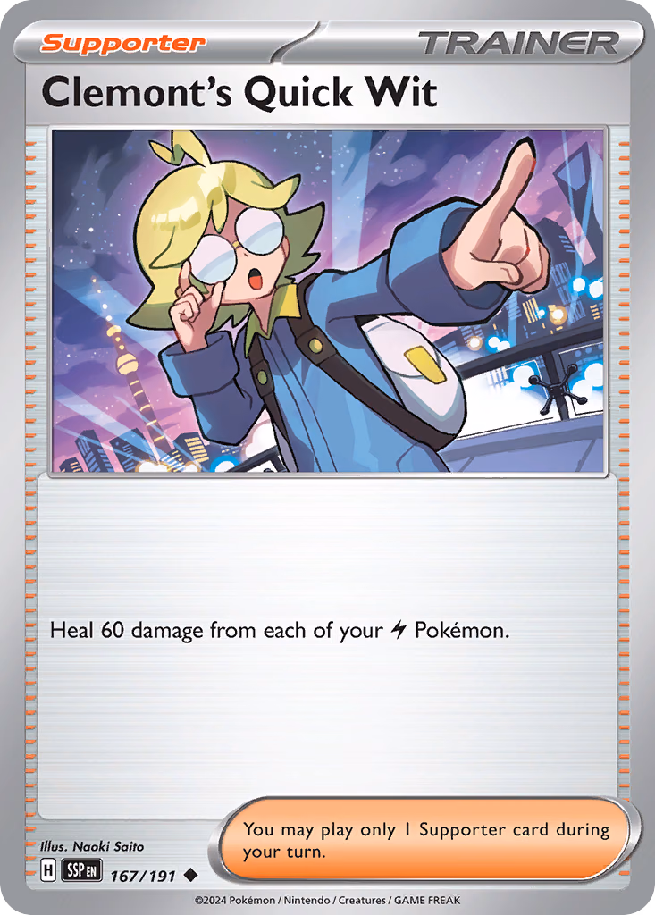 Clemont's Quick Wit Pokemon card (167/191, Surging Sparks)