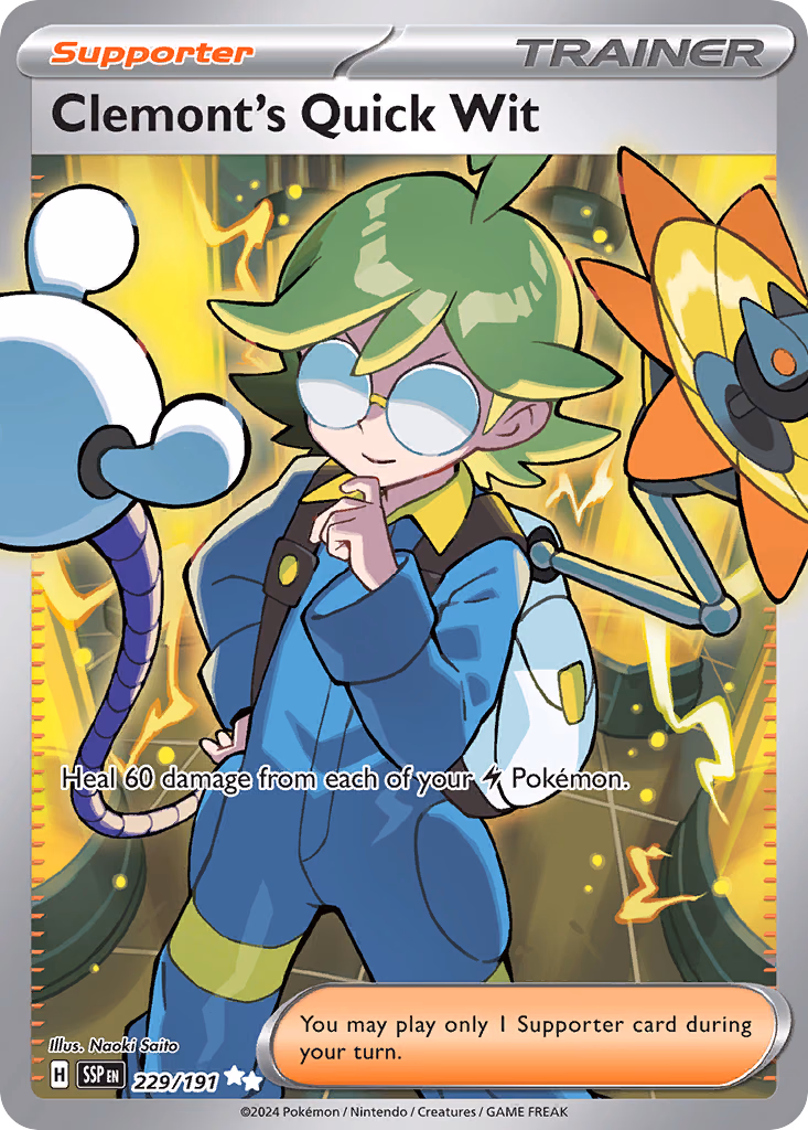 Clemont's Quick Wit Pokemon card (229/191, Surging Sparks)
