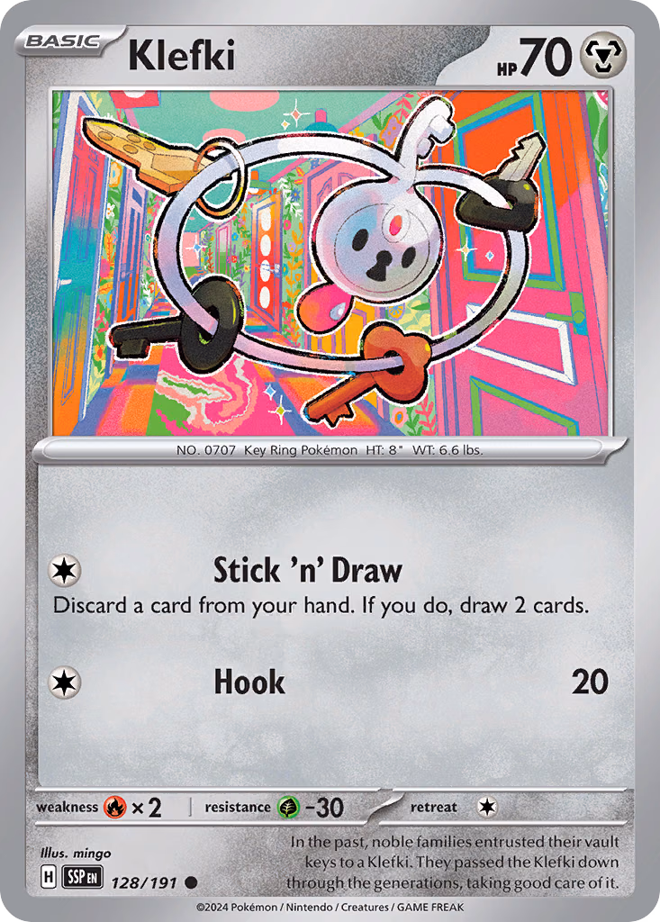 Klefki Pokemon card (128/191, Surging Sparks)