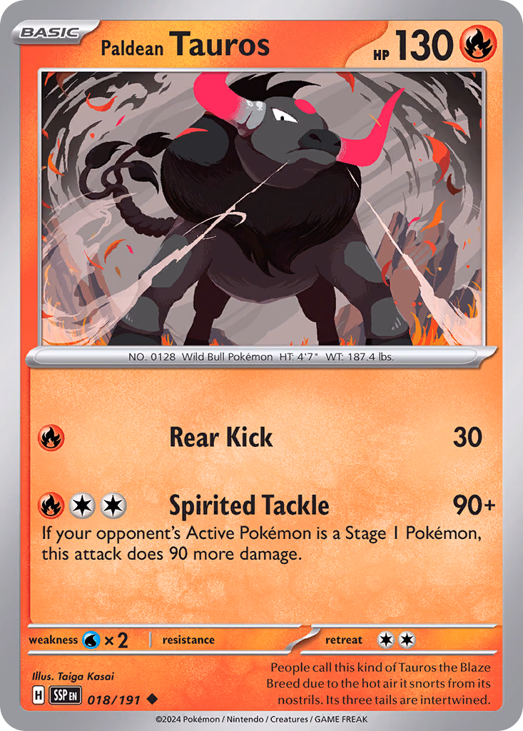 Paldean Tauros Pokemon card (018/191, Surging Sparks)