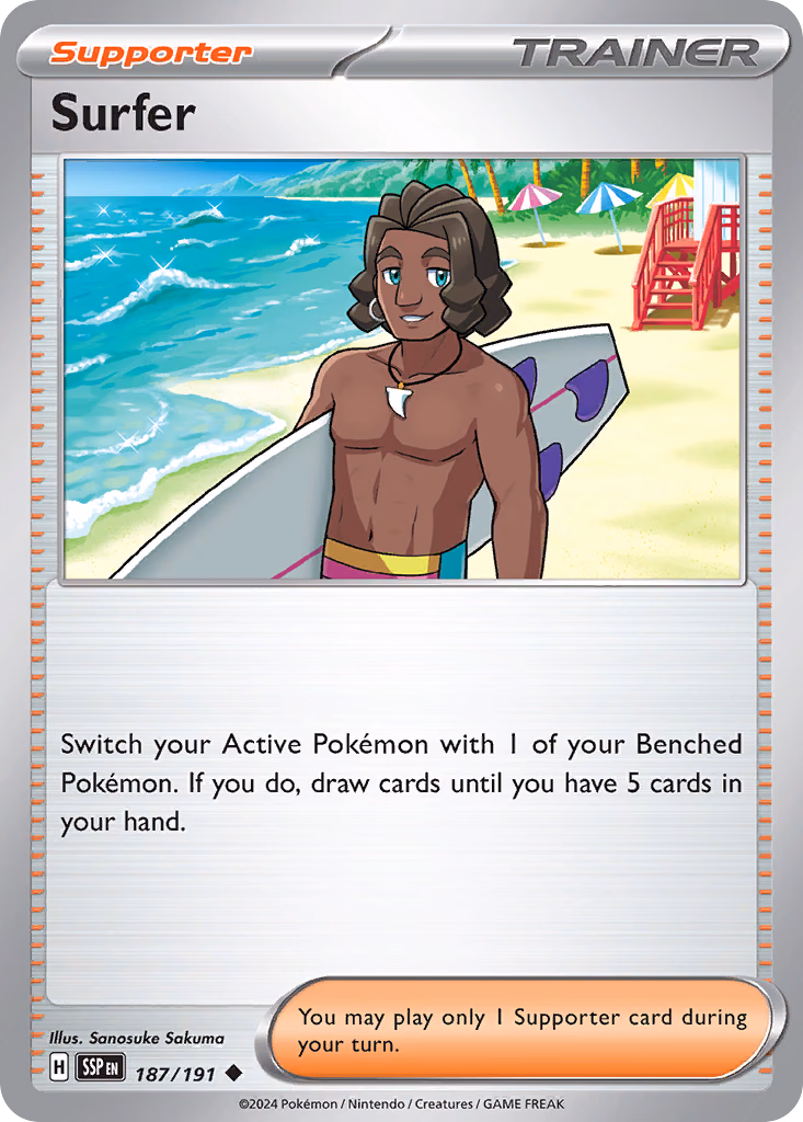 Surfer Pokemon card (187/191, Surging Sparks)