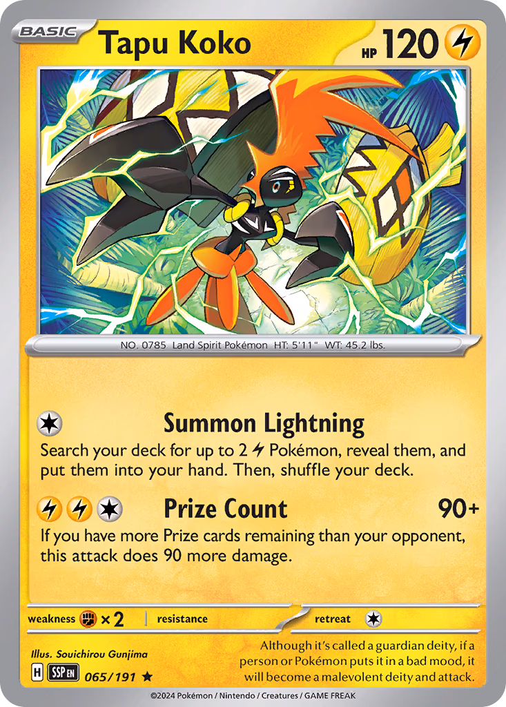 Tapu Koko Pokemon card (065/191, Surging Sparks)