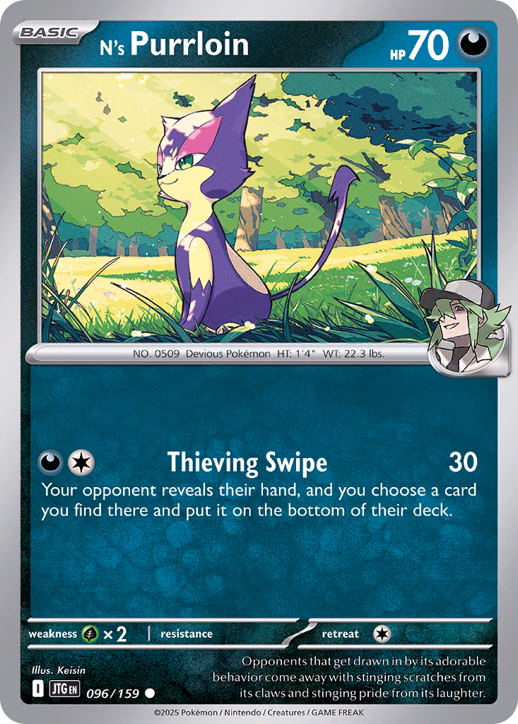 N's Purrloin Pokemon card (096/159, Journey Together)