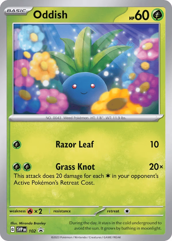 Oddish Pokemon card (102, Scarlet & Violet Black Star Promos)
