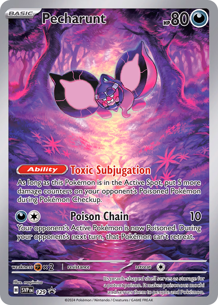Pecharunt Pokemon card (129, Scarlet & Violet Black Star Promos)