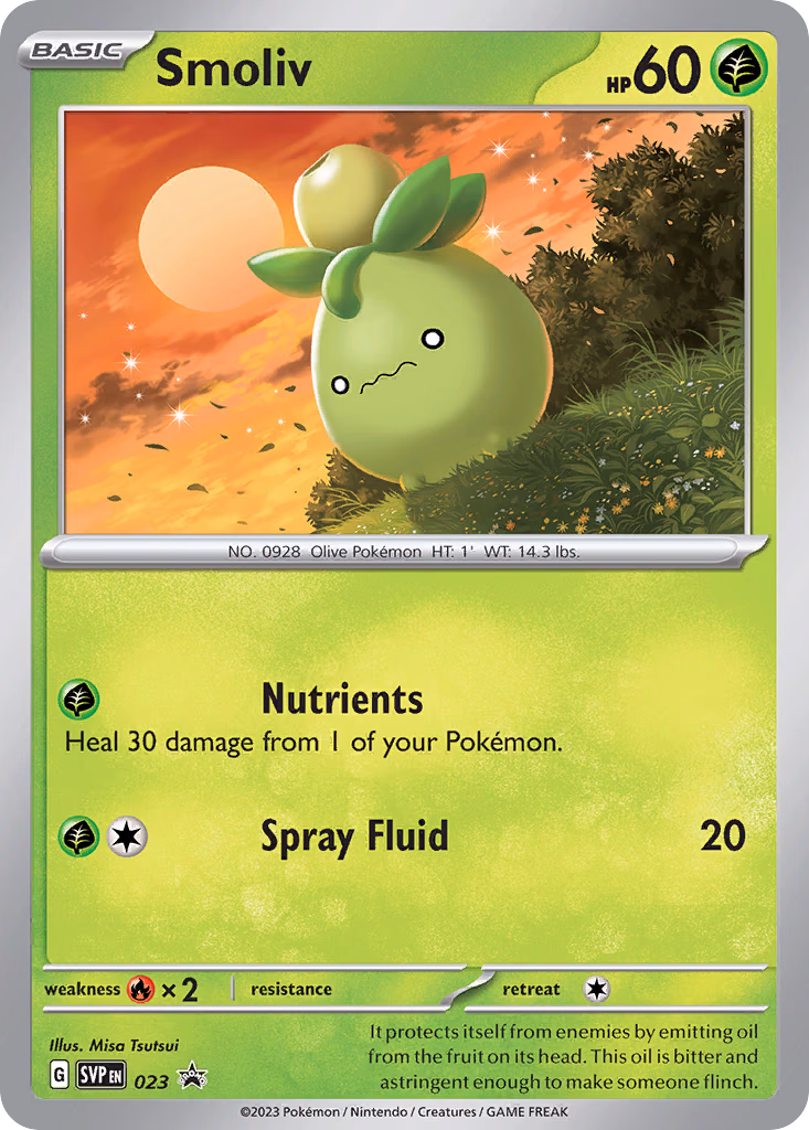 Smoliv Pokemon card (023, Scarlet & Violet Black Star Promos)