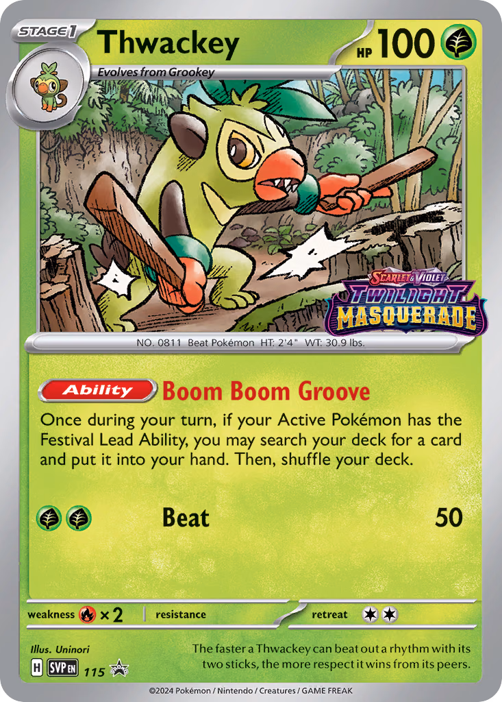 Thwackey Pokemon card (115, Scarlet & Violet Black Star Promos)