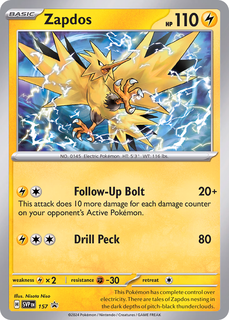Zapdos Pokemon card (157, Scarlet & Violet Black Star Promos)