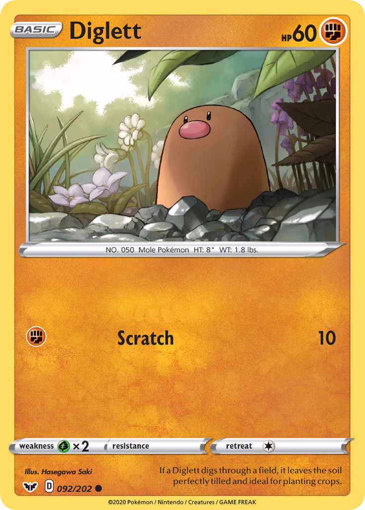 Diglett Pokemon card (092/202, Sword & Shield)