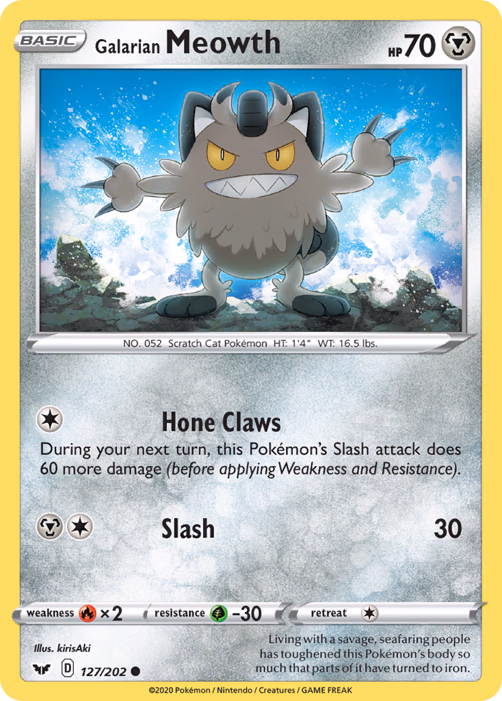 Galarian Meowth Pokemon card (127/202, Sword & Shield)