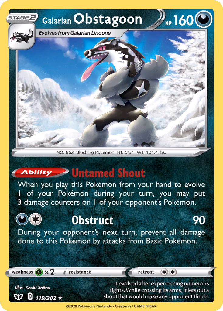Galarian Obstagoon Pokemon card (119/202, Sword & Shield)