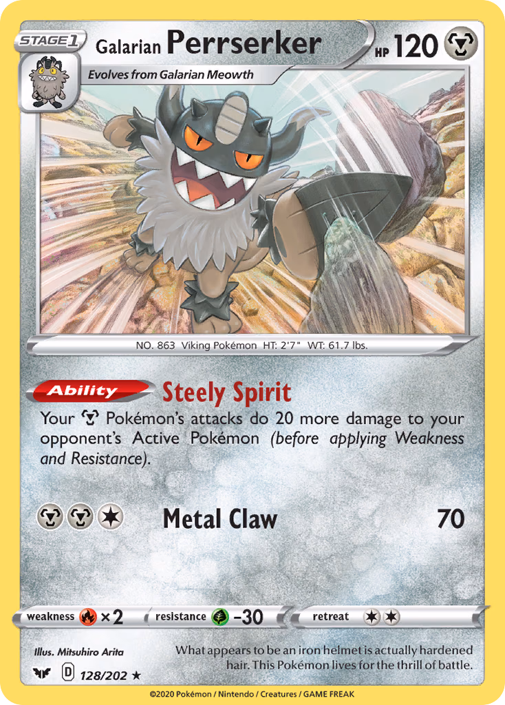 Galarian Perrserker Pokemon card (128/202, Sword & Shield)