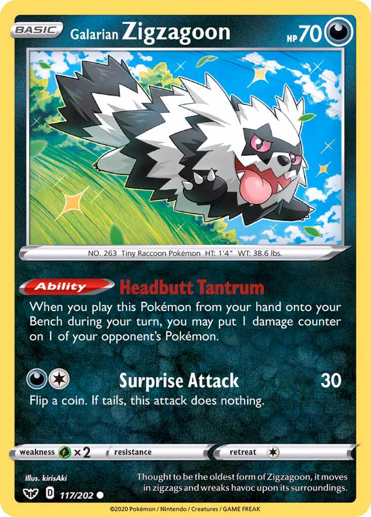 Galarian Zigzagoon Pokemon card (117/202, Sword & Shield)