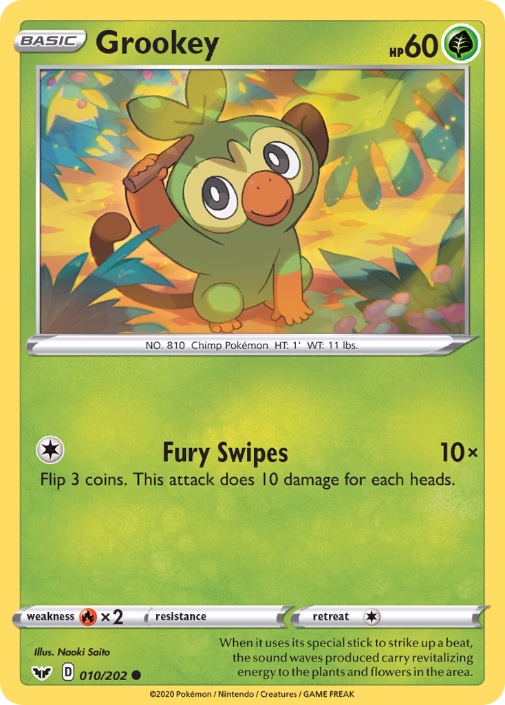 Grookey Pokemon card (010/202, Sword & Shield)