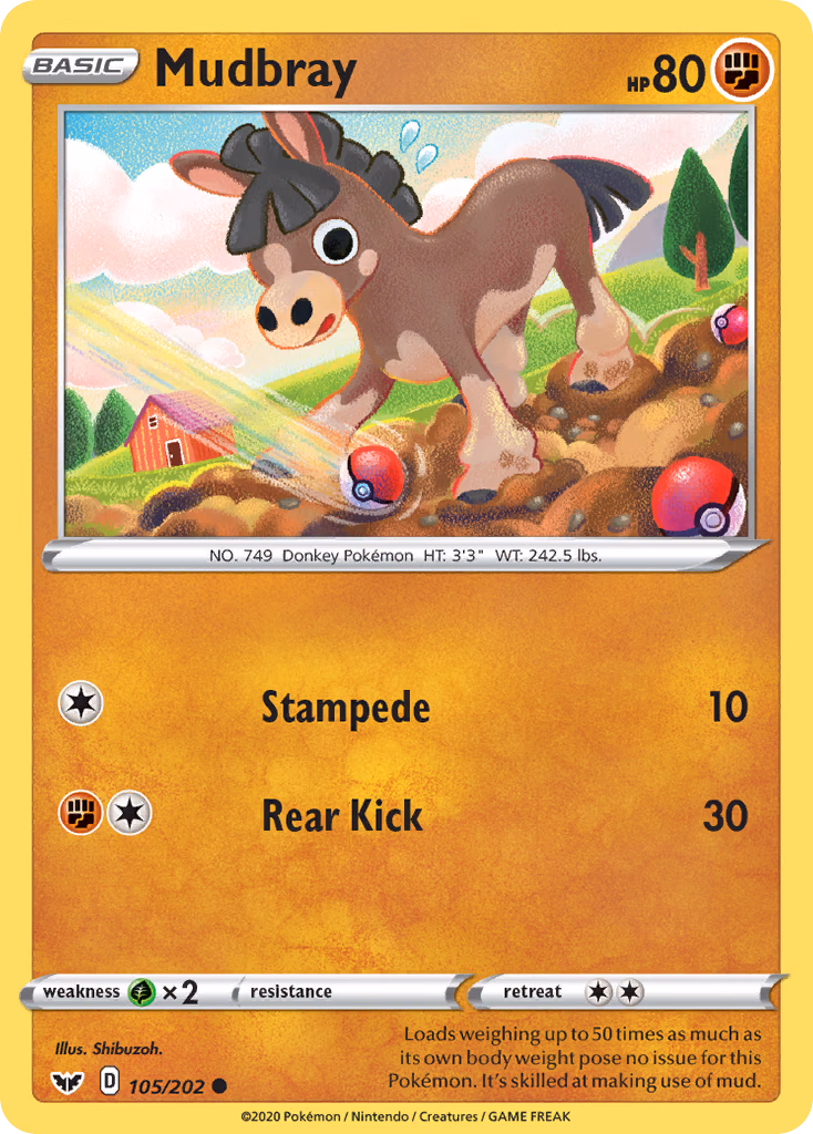 Mudbray Pokemon card (105/202, Sword & Shield)