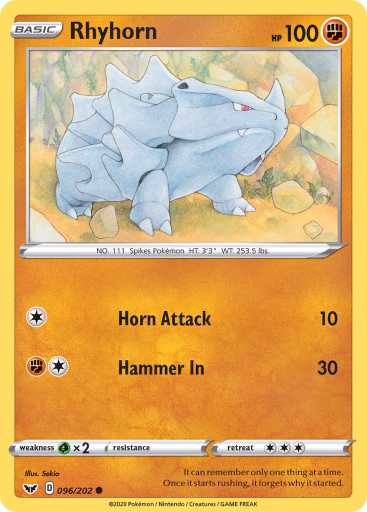 Rhyhorn Pokemon card (096/202, Sword & Shield)