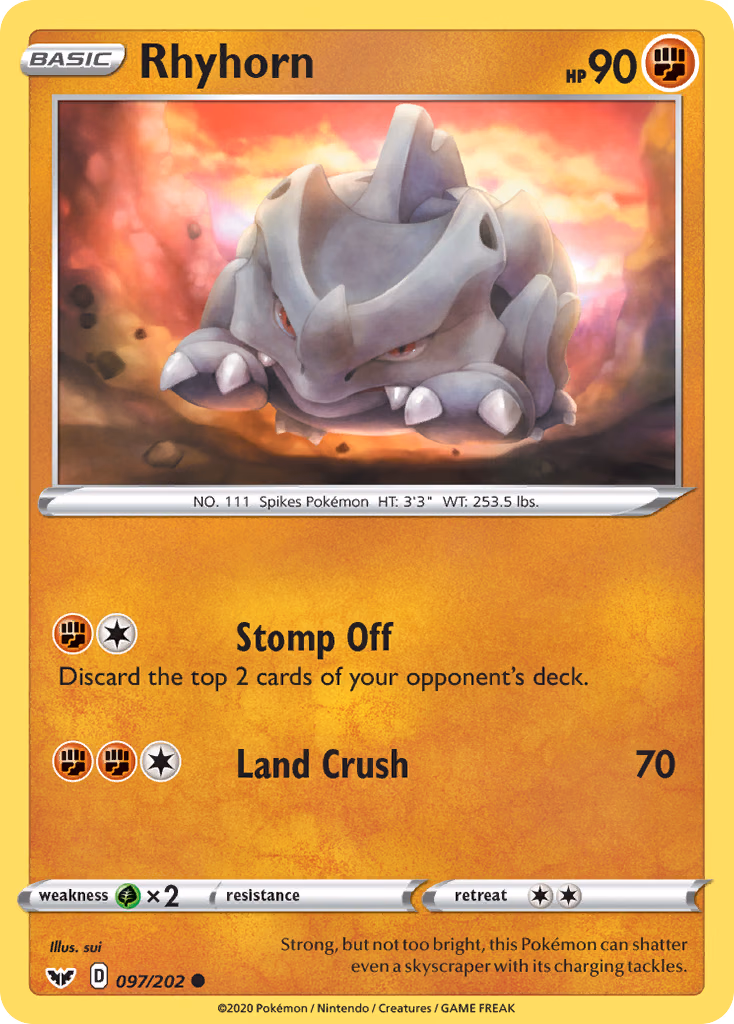Rhyhorn Pokemon card (097/202, Sword & Shield)