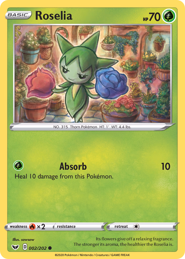 Roselia Pokemon card (002/202, Sword & Shield)