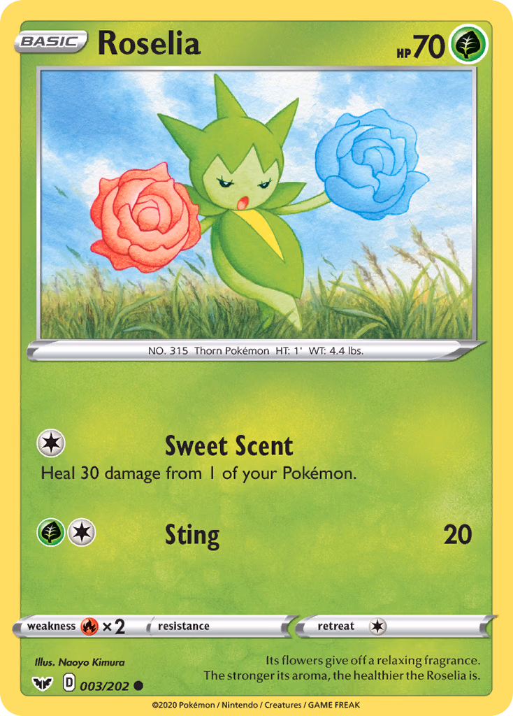 Roselia Pokemon card (003/202, Sword & Shield)