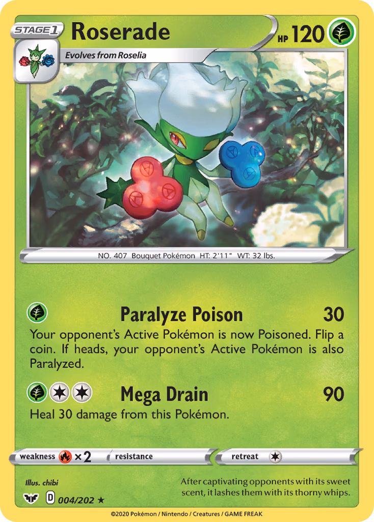 Roserade Pokemon card (004/202, Sword & Shield)