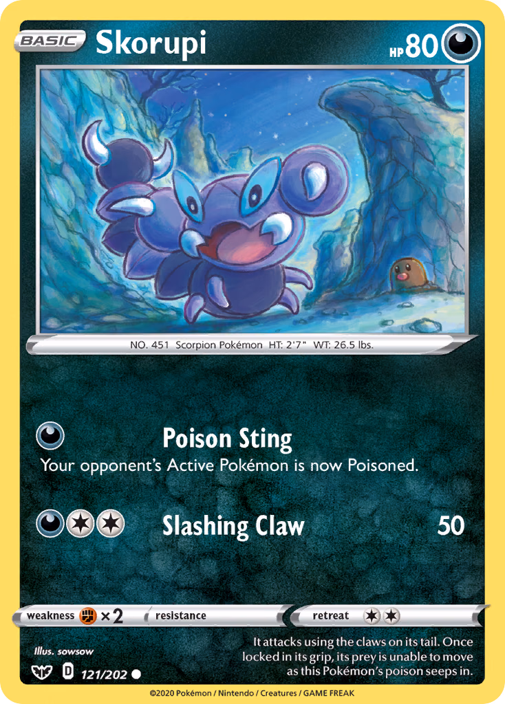 Skorupi Pokemon card (121/202, Sword & Shield)