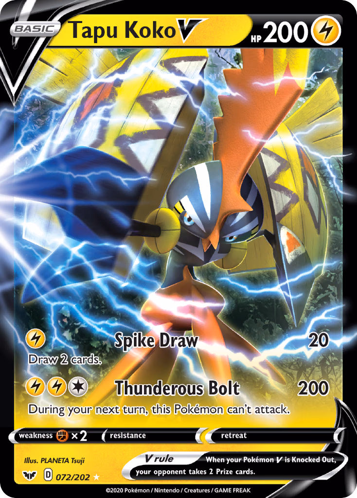 Tapu Koko V Pokemon card (072/202, Sword & Shield)