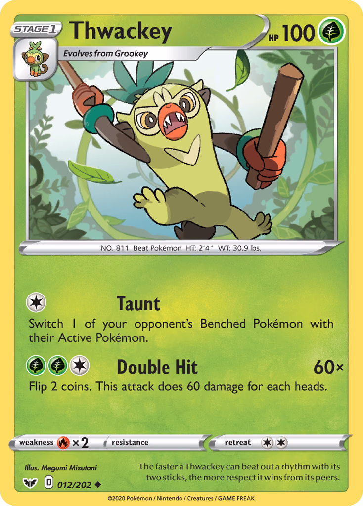 Thwackey Pokemon card (012/202, Sword & Shield)