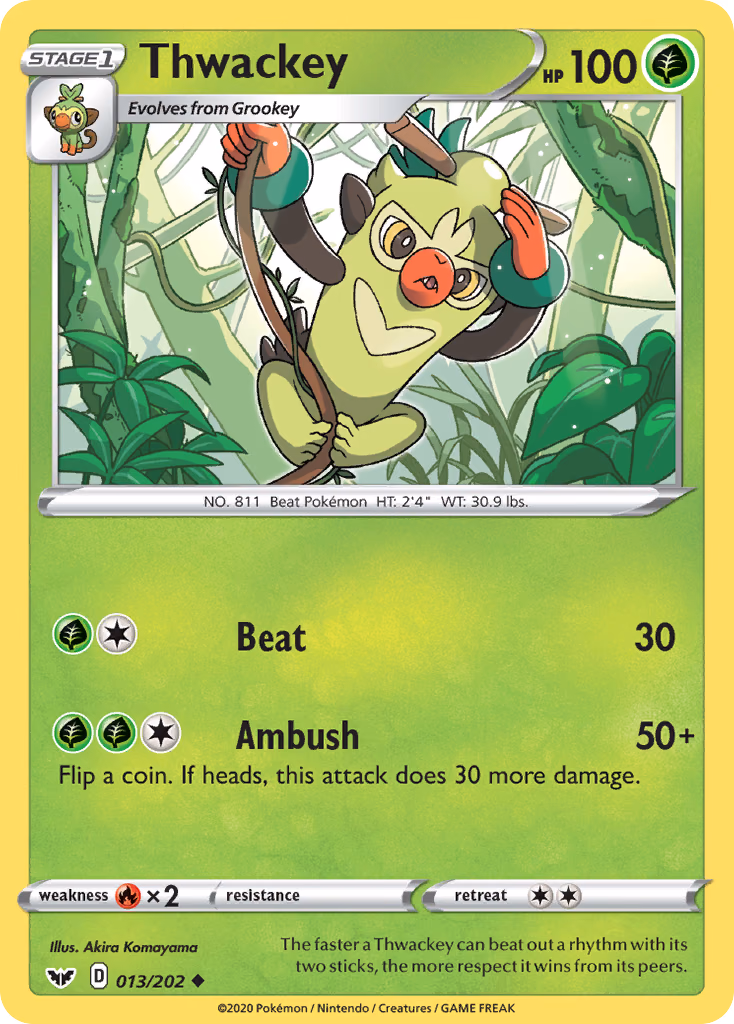 Thwackey Pokemon card (013/202, Sword & Shield)