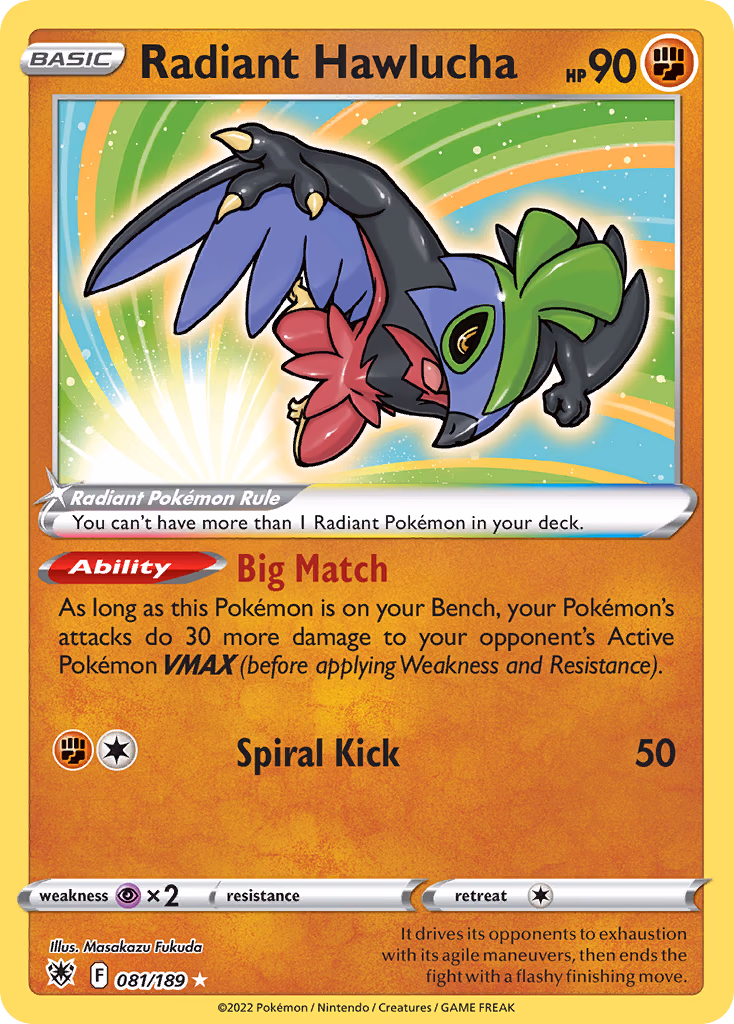 Radiant Hawlucha Pokemon card (081/189, Astral Radiance)