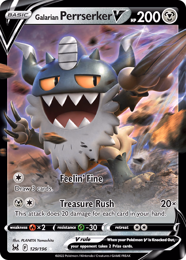 Galarian Perrserker V Pokemon card (129/196, Lost Origin)