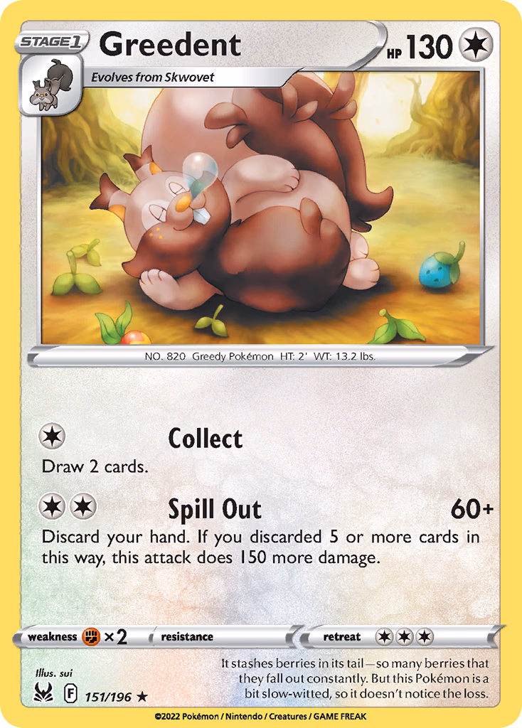 Greedent Pokemon card (151/196, Lost Origin)