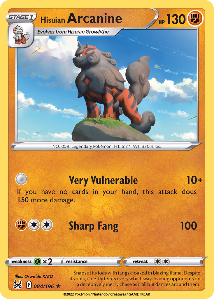 Hisuian Arcanine Pokemon card (084/196, Lost Origin)
