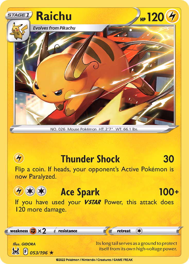 Raichu Pokemon card (053/196, Lost Origin)