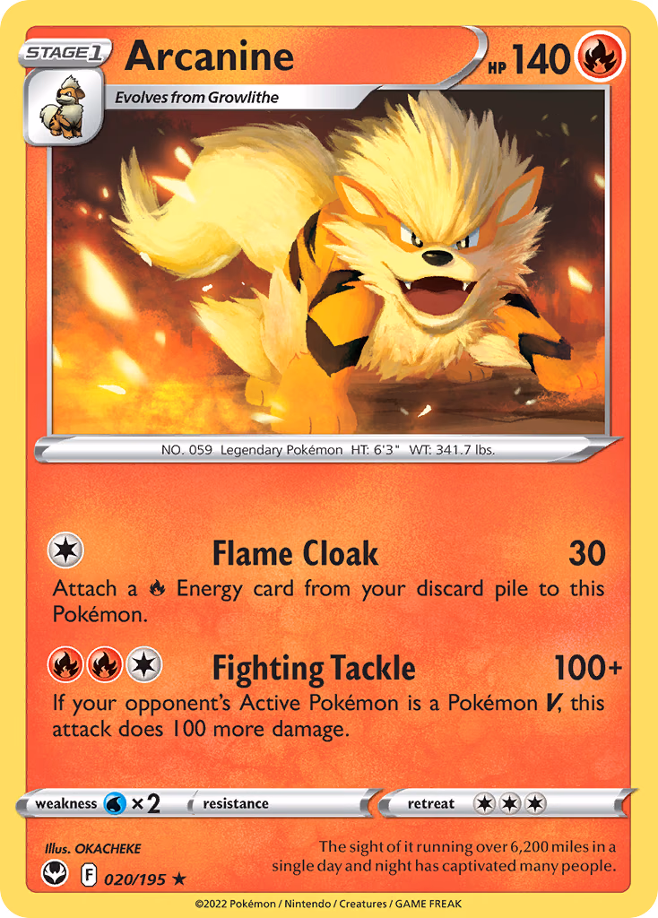 Arcanine Pokemon card (020/195, Silver Tempest)