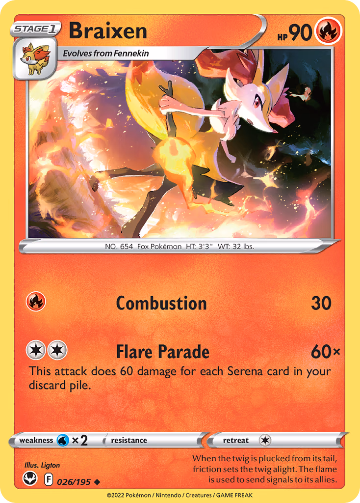 Braixen Pokemon card (026/195, Silver Tempest)