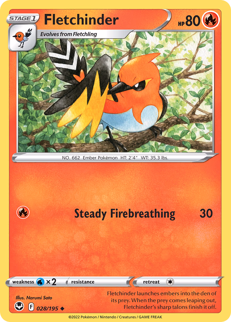 Fletchinder Pokemon card (028/195, Silver Tempest)