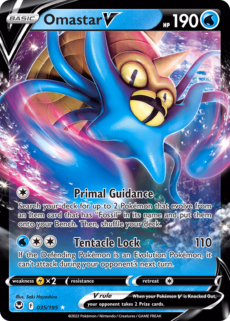 Omastar V Pokemon card (035/195, Silver Tempest)