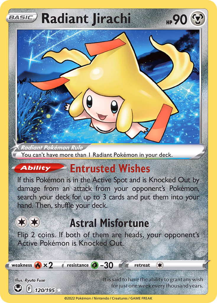 Radiant Jirachi Pokemon card (120/195, Silver Tempest)