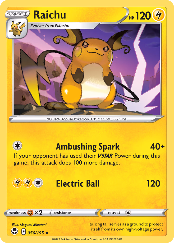 Raichu Pokemon card (050/195, Silver Tempest)