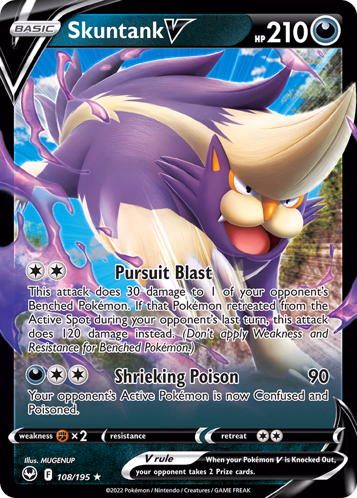 Skuntank V Pokemon card (108/195, Silver Tempest)