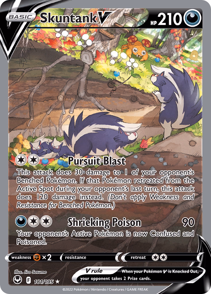Skuntank V Pokemon card (181/195, Silver Tempest)