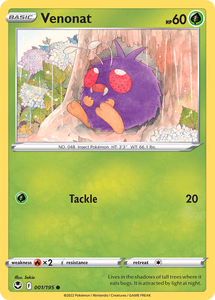 Venonat Pokemon card (001/195, Silver Tempest)