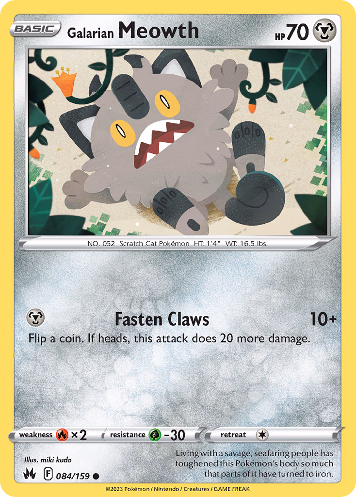 Galarian Meowth Pokemon card (084/159, Crown Zenith)