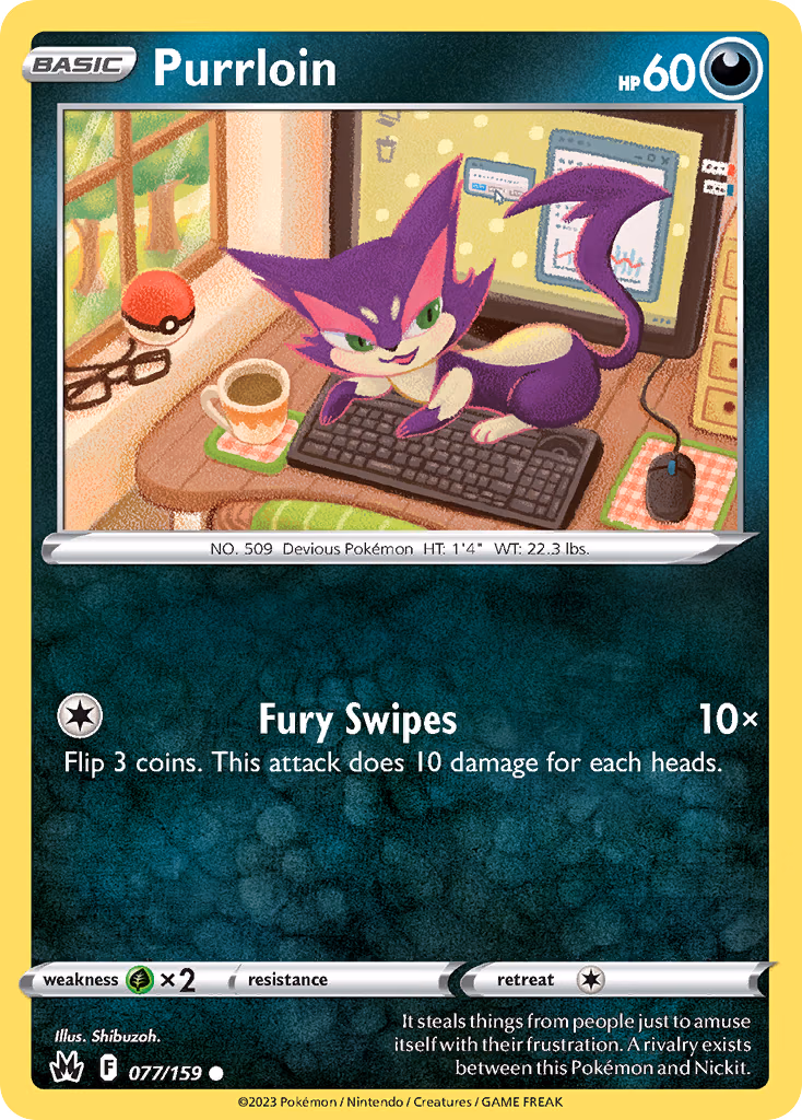 Purrloin Pokemon card (077/159, Crown Zenith)