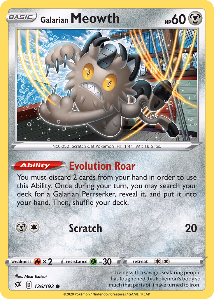 Galarian Meowth Pokemon card (126/192, Rebel Clash)