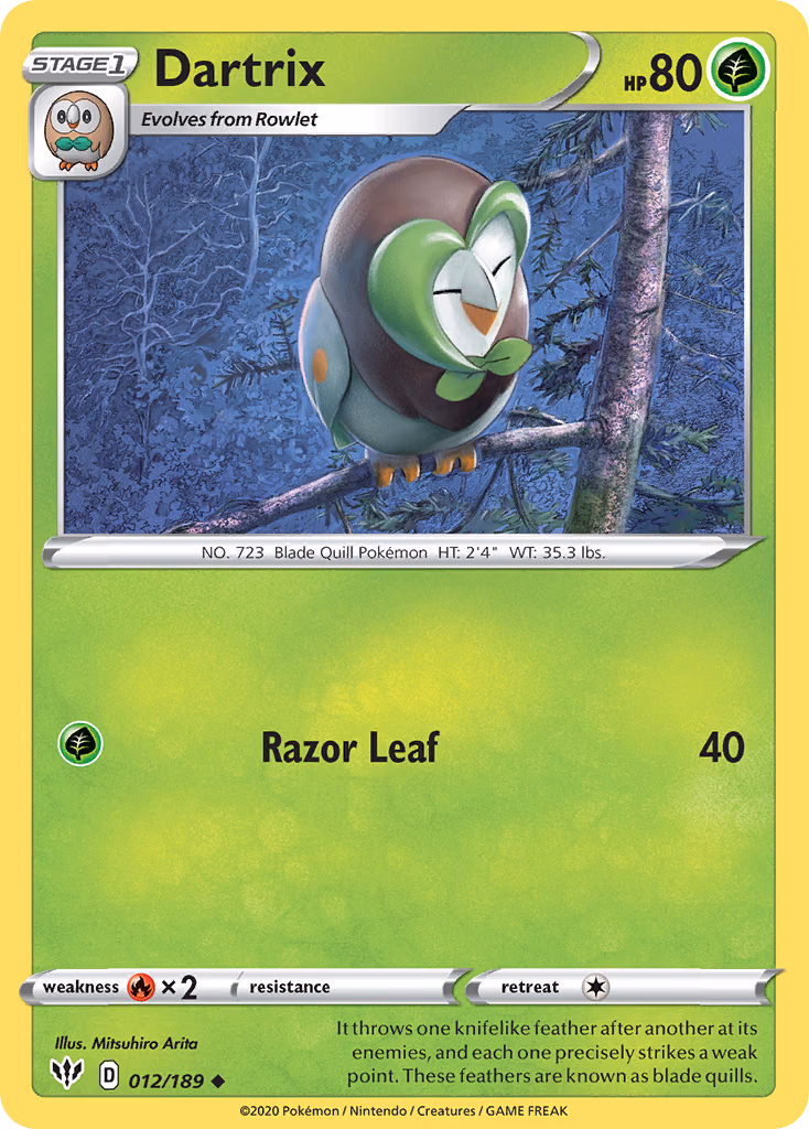 Dartrix Pokemon card (012/189, Darkness Ablaze)