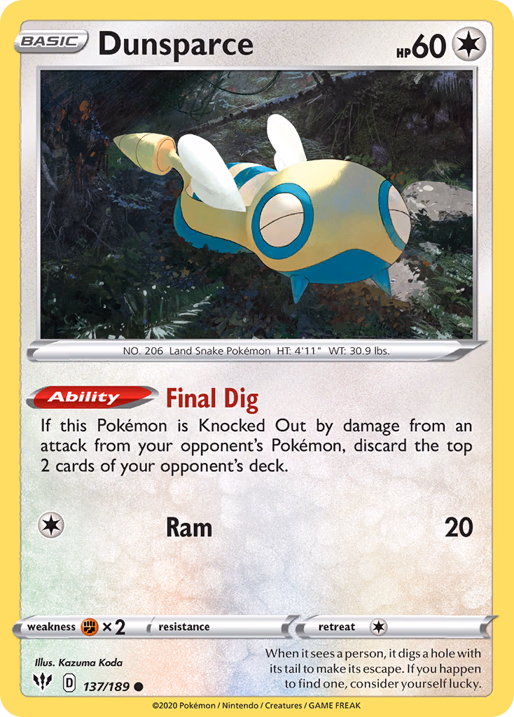 Dunsparce Pokemon card (137/189, Darkness Ablaze)