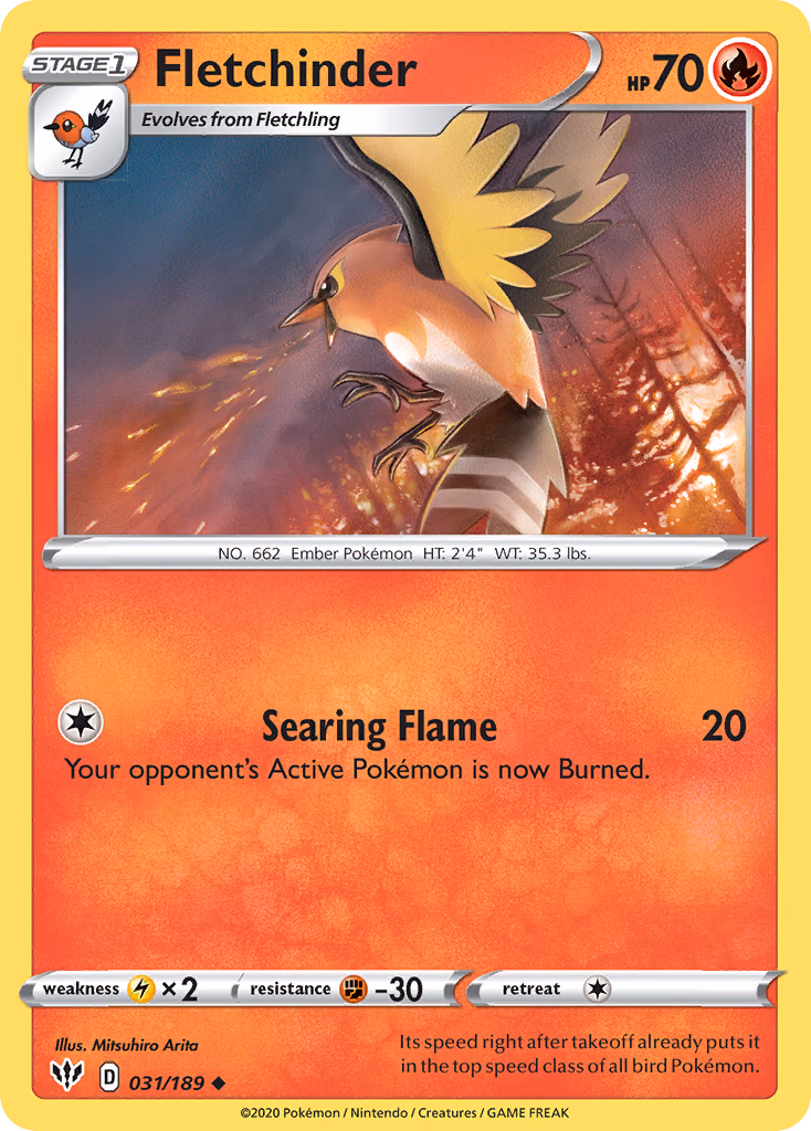 Fletchinder Pokemon card (031/189, Darkness Ablaze)